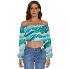 Waves On The Ocean Ii Long Sleeve Crinkled Weave Crop Top by GardenOfOphir