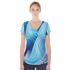 Ocean Waves Pastel Short Sleeve Front Detail Top by GardenOfOphir