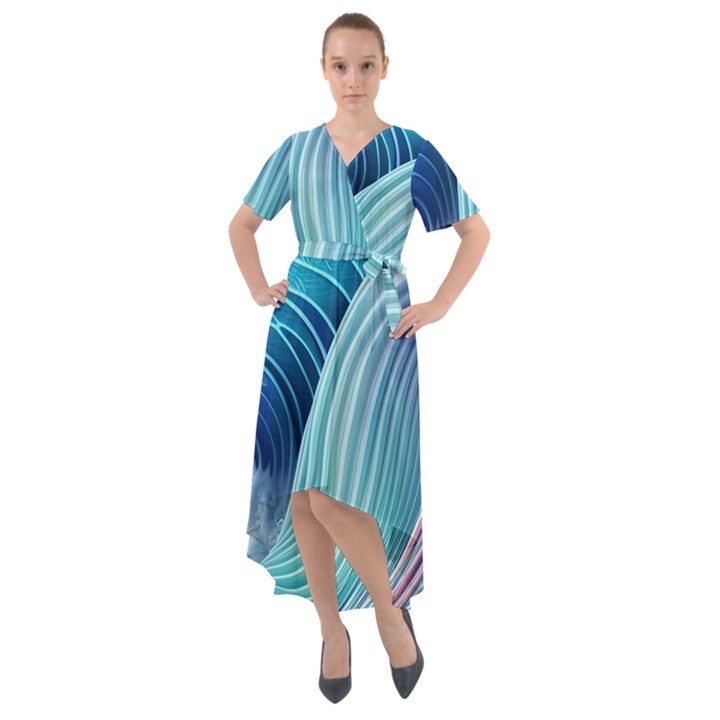 Ocean Waves Pastel Front Wrap High Low Dress