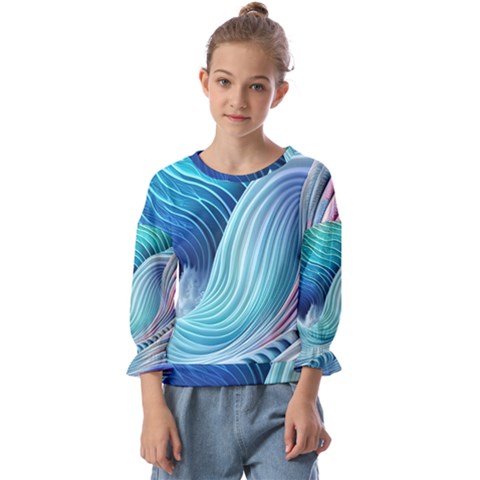 Ocean Waves Pastel Kids  Cuff Sleeve Top by GardenOfOphir