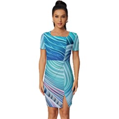 Ocean Waves Pastel Fitted Knot Split End Bodycon Dress by GardenOfOphir