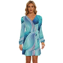 Ocean Waves Pastel Long Sleeve Waist Tie Ruffle Velvet Dress