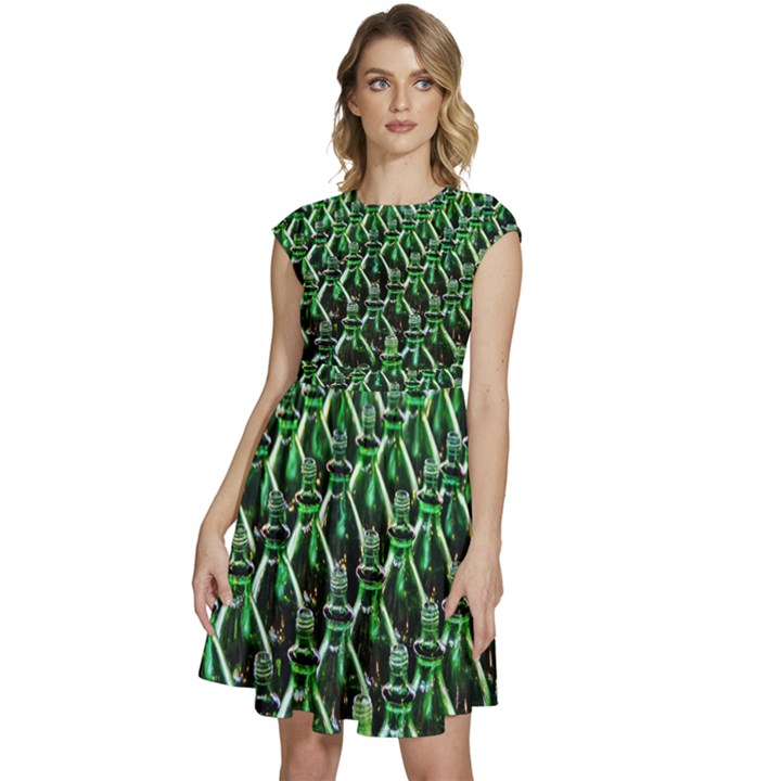 Bottles Green Drink Pattern Soda Refreshment Cap Sleeve High Waist Dress