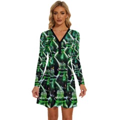 Bottles Green Drink Pattern Soda Refreshment Long Sleeve Deep V Mini Dress  by Ravend