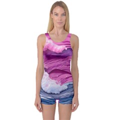 Abstract Pink Ocean Waves One Piece Boyleg Swimsuit