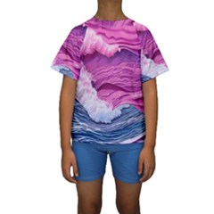 Abstract Pink Ocean Waves Kids  Short Sleeve Swimwear by GardenOfOphir