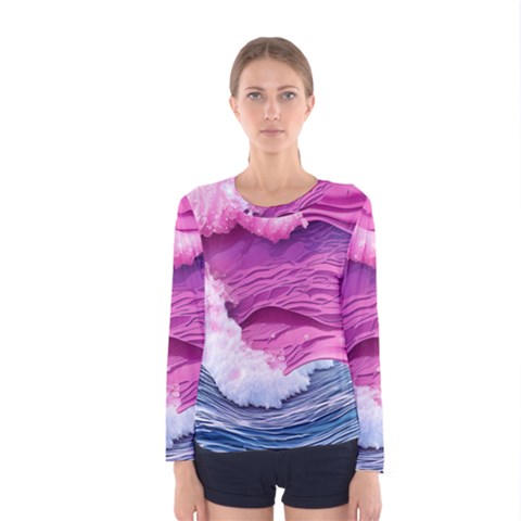 Abstract Pink Ocean Waves Women s Long Sleeve Tee by GardenOfOphir