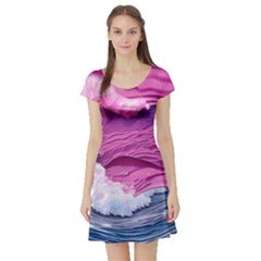 Abstract Pink Ocean Waves Short Sleeve Skater Dress