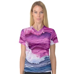 Abstract Pink Ocean Waves V-Neck Sport Mesh Tee