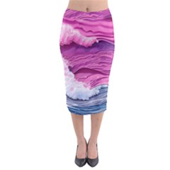 Abstract Pink Ocean Waves Midi Pencil Skirt