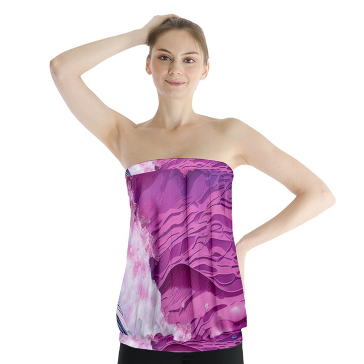 Abstract Pink Ocean Waves Strapless Top