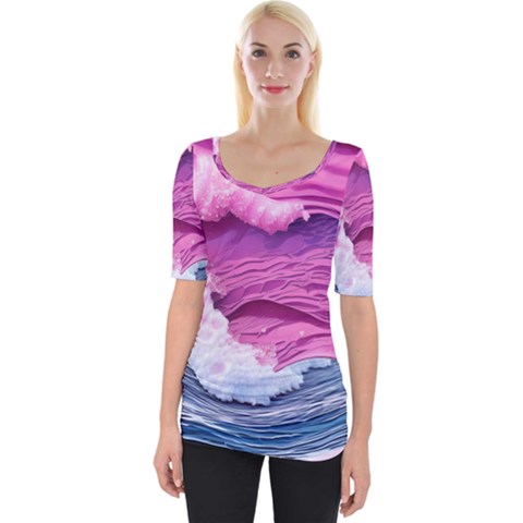 Abstract Pink Ocean Waves Wide Neckline Tee by GardenOfOphir