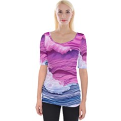 Abstract Pink Ocean Waves Wide Neckline Tee