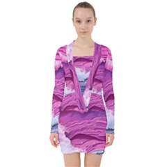 Abstract Pink Ocean Waves V-neck Bodycon Long Sleeve Dress