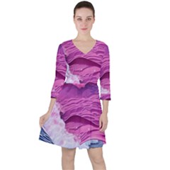 Abstract Pink Ocean Waves Quarter Sleeve Ruffle Waist Dress by GardenOfOphir