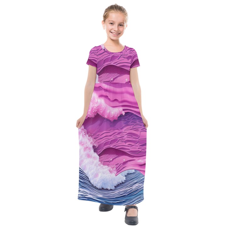 Abstract Pink Ocean Waves Kids  Short Sleeve Maxi Dress