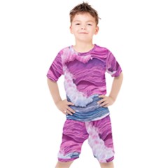 Abstract Pink Ocean Waves Kids  Tee And Shorts Set by GardenOfOphir