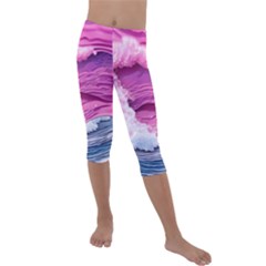 Abstract Pink Ocean Waves Kids  Lightweight Velour Capri Leggings  by GardenOfOphir