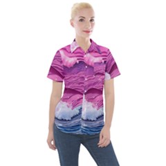 Abstract Pink Ocean Waves Women s Short Sleeve Pocket Shirt