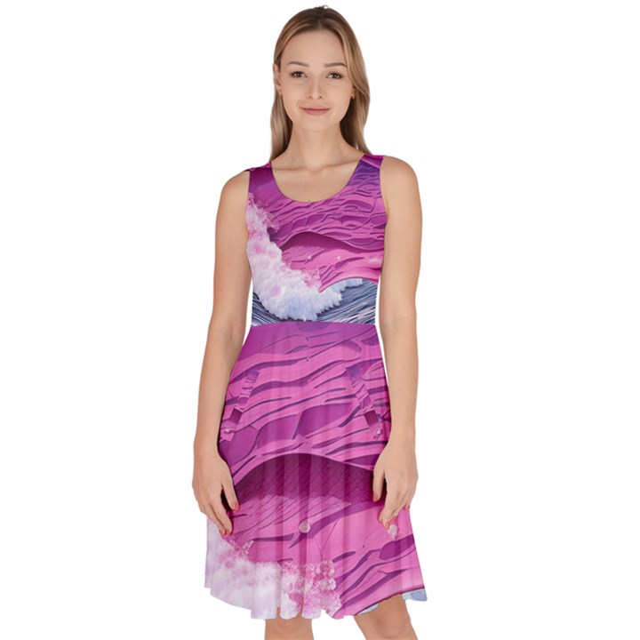 Abstract Pink Ocean Waves Knee Length Skater Dress With Pockets