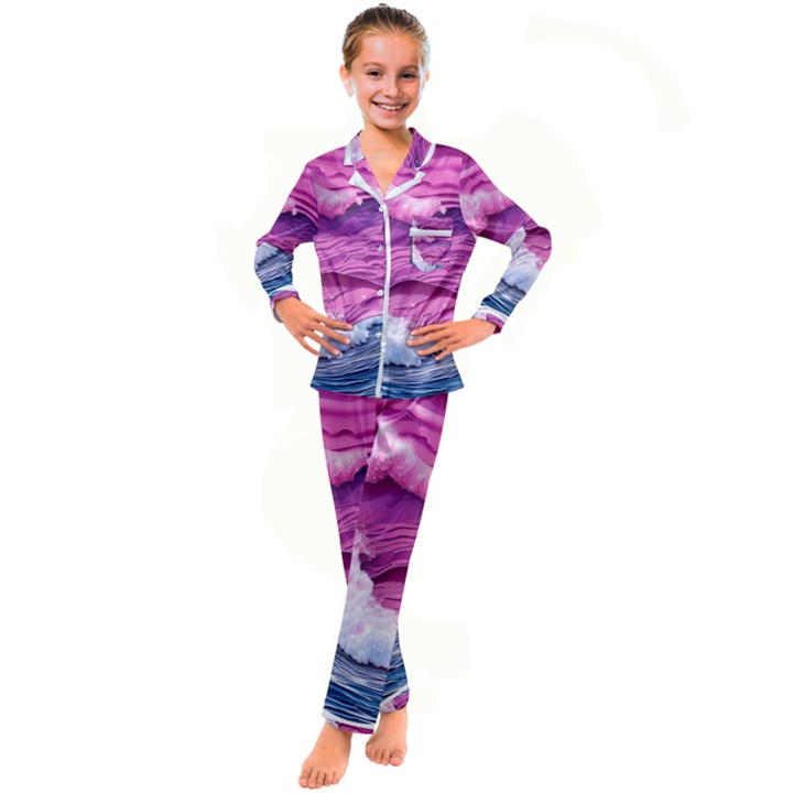 Abstract Pink Ocean Waves Kid s Satin Long Sleeve Pajamas Set