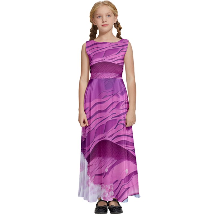 Abstract Pink Ocean Waves Kids  Satin Sleeveless Maxi Dress