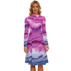 Abstract Pink Ocean Waves Long Sleeve Shirt Collar A-line Dress by GardenOfOphir