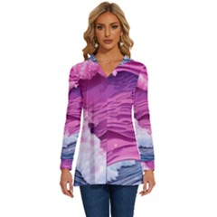 Abstract Pink Ocean Waves Long Sleeve Drawstring Hooded Top by GardenOfOphir