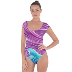 Pink Water Waves Short Sleeve Leotard  by GardenOfOphir