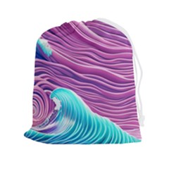 Pink Water Waves Drawstring Pouch (2xl) by GardenOfOphir