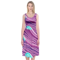 Pink Water Waves Midi Sleeveless Dress by GardenOfOphir