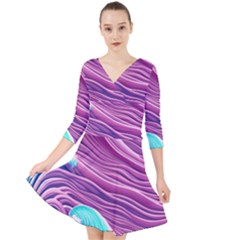 Pink Water Waves Quarter Sleeve Front Wrap Dress by GardenOfOphir