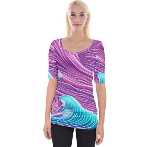 Pink Water Waves Wide Neckline Tee by GardenOfOphir