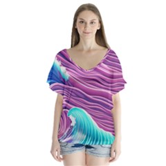 Pink Water Waves V-neck Flutter Sleeve Top by GardenOfOphir