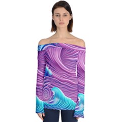 Pink Water Waves Off Shoulder Long Sleeve Top by GardenOfOphir