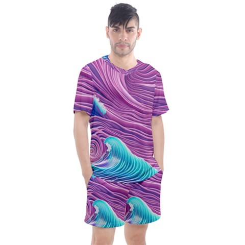 Pink Water Waves Men s Mesh Tee And Shorts Set by GardenOfOphir