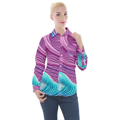 Pink Water Waves Women s Long Sleeve Pocket Shirt by GardenOfOphir