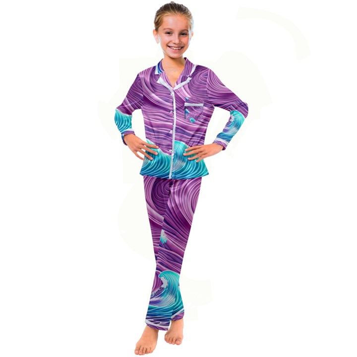 Pink Water Waves Kid s Satin Long Sleeve Pajamas Set