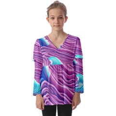 Pink Water Waves Kids  V Neck Casual Top by GardenOfOphir