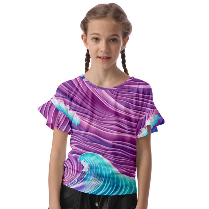 Pink Water Waves Kids  Cut Out Flutter Sleeves