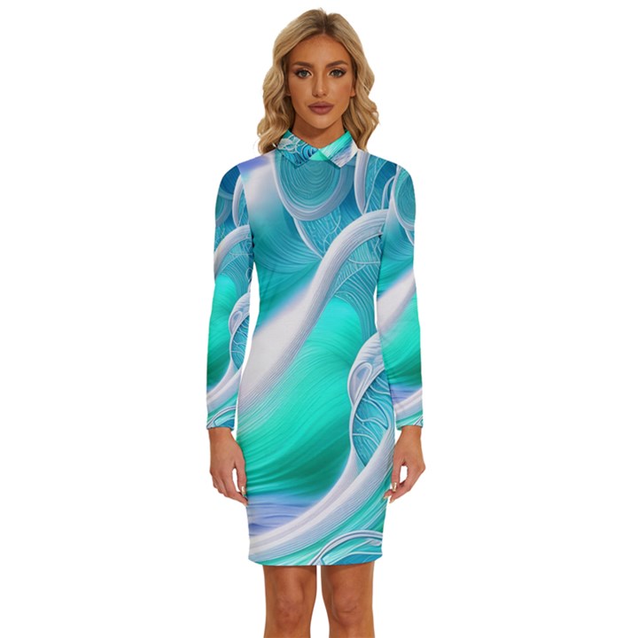 Pastel Simple Wave Long Sleeve Shirt Collar Bodycon Dress