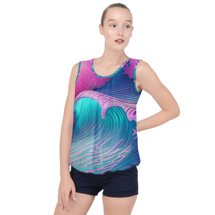 Pink Waves On The Beach Bubble Hem Chiffon Tank Top