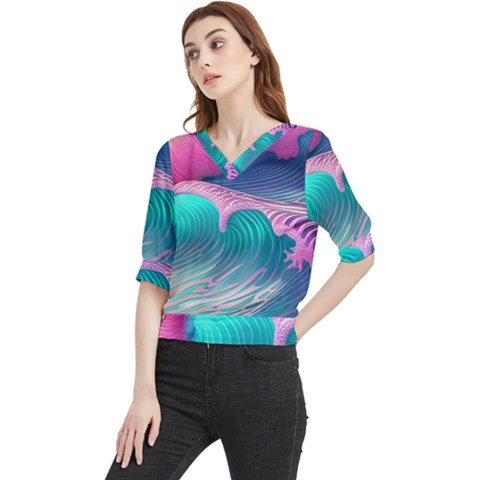 Pink Waves On The Beach Quarter Sleeve Blouse by GardenOfOphir