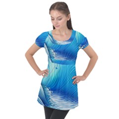 Nature s Beauty; Ocean Waves Puff Sleeve Tunic Top by GardenOfOphir