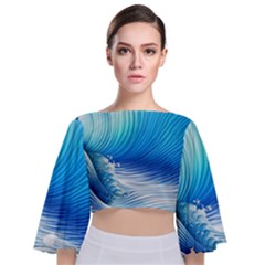 Nature s Beauty; Ocean Waves Tie Back Butterfly Sleeve Chiffon Top by GardenOfOphir