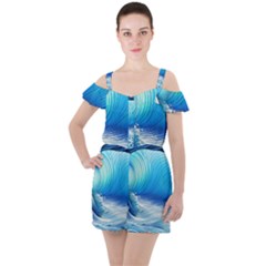 Nature s Beauty; Ocean Waves Ruffle Cut Out Chiffon Playsuit by GardenOfOphir