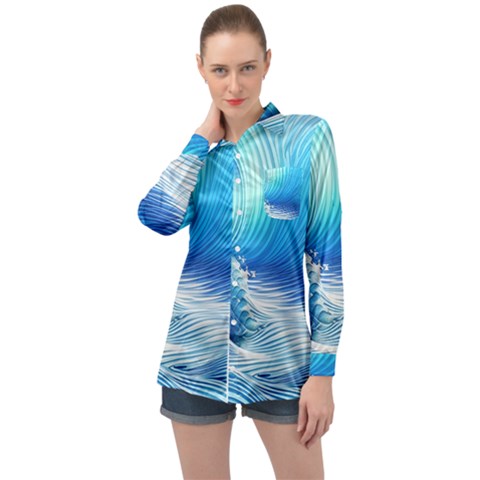 Nature s Beauty; Ocean Waves Long Sleeve Satin Shirt by GardenOfOphir