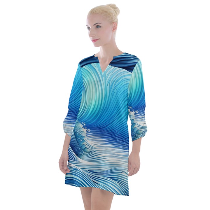 Nature s Beauty; Ocean Waves Open Neck Shift Dress