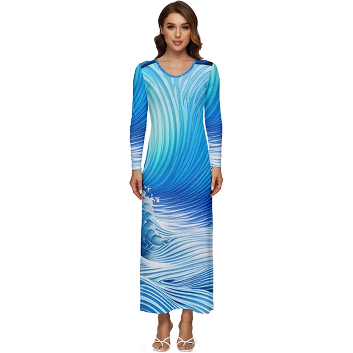 Nature s Beauty; Ocean Waves Long Sleeve Longline Maxi Dress