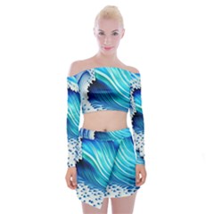 Blue Water Reflections Off Shoulder Top With Mini Skirt Set by GardenOfOphir